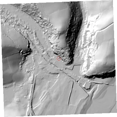 Shaded relief map of the ground around PL266BX, computed from Environment Agency LiDAR. The ground here sits at about 4 m above sea level and falls 79 m across the surrounding 800 m. Surface water reaching this point runs off ground lying to the north-east, 74.0 m higher.