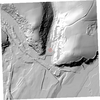 Shaded relief map of the ground around PL266DA, computed from Environment Agency LiDAR. The ground here sits at about 4 m above sea level and falls 89 m across the surrounding 800 m. Surface water reaching this point runs off ground lying to the north-east, 84.4 m higher.