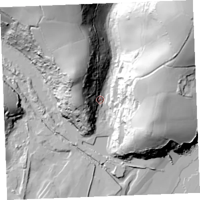 Shaded relief map of the ground around PL266DB, computed from Environment Agency LiDAR. The ground here sits at about 7 m above sea level and falls 91 m across the surrounding 800 m. Surface water reaching this point runs off ground lying to the north-east, 85.4 m higher.