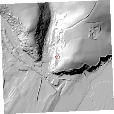 Shaded relief map of the ground around PL266DE, computed from Environment Agency LiDAR. The ground here sits at about 22 m above sea level and falls 89 m across the surrounding 800 m. Surface water reaching this point runs off ground lying to the east, 43.6 m higher.
