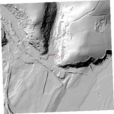 Shaded relief map of the ground around PL266DF, computed from Environment Agency LiDAR. The ground here sits at about 5 m above sea level and falls 84 m across the surrounding 800 m. Surface water reaching this point runs off ground lying to the east-north-east, 55.6 m higher.