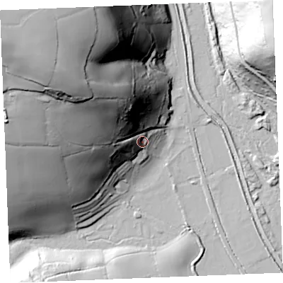Shaded relief map of the ground around PL266DJ, computed from Environment Agency LiDAR. The ground here sits at about 19 m above sea level and falls 97 m across the surrounding 800 m. Surface water reaching this point runs off ground lying to the north-west, 71.4 m higher.