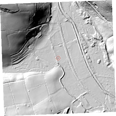 Shaded relief map of the ground around PL266DL, computed from Environment Agency LiDAR. The ground here sits at about 7 m above sea level and falls 86 m across the surrounding 800 m. Surface water reaching this point runs off ground lying to the north-west, 83.5 m higher.