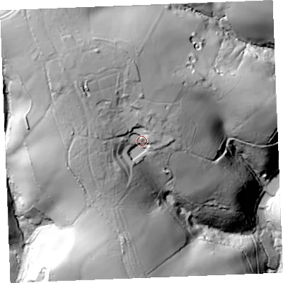 Shaded relief map of the ground around PL266EN, computed from Environment Agency LiDAR. The ground here sits at about 81 m above sea level and falls 77 m across the surrounding 800 m. Surface water reaching this point runs off ground lying to the north-west, 21.4 m higher.