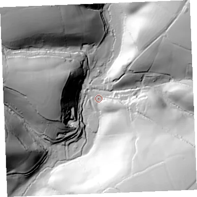 Shaded relief map of the ground around PL266HA, computed from Environment Agency LiDAR. The ground here sits at about 31 m above sea level and falls 71 m across the surrounding 800 m. Surface water reaching this point runs off ground lying to the east-south-east, 13.6 m higher.