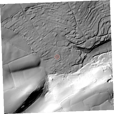 Shaded relief map of the ground around PL266JD, computed from Environment Agency LiDAR. The ground here sits at about 41 m above sea level and falls 77 m across the surrounding 800 m. Surface water reaching this point runs off ground lying to the north-west, 16.4 m higher.