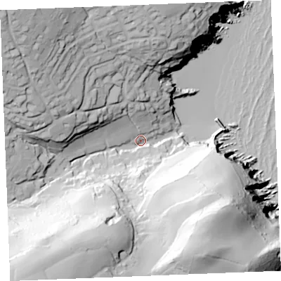 Shaded relief map of the ground around PL266JG, computed from Environment Agency LiDAR. The ground here sits at about 11 m above sea level and falls 91 m across the surrounding 800 m. Surface water reaching this point runs off ground lying to the south-west, 79.3 m higher.