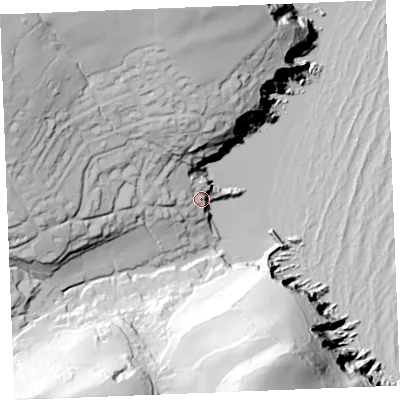Shaded relief map of the ground around PL266JJ, computed from Environment Agency LiDAR. The ground here sits at about 16 m above sea level and falls 90 m across the surrounding 800 m. Surface water reaching this point runs off ground lying to the north-north-west, 44.6 m higher.
