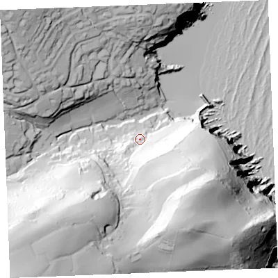 Shaded relief map of the ground around PL266JP, computed from Environment Agency LiDAR. The ground here sits at about 22 m above sea level and falls 94 m across the surrounding 800 m. Surface water reaching this point runs off ground lying to the south-east, 52.3 m higher.