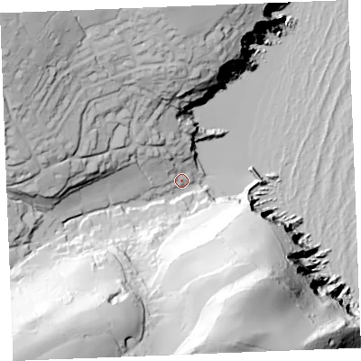 Shaded relief map of the ground around PL266JQ, computed from Environment Agency LiDAR. The ground here sits at about 10 m above sea level and falls 90 m across the surrounding 800 m. Surface water reaching this point runs off ground lying to the north-west, 17.7 m higher.