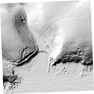 Shaded relief map of the ground around PL266NA, computed from Environment Agency LiDAR. The ground here sits at about 8 m above sea level and falls 101 m across the surrounding 800 m. Surface water reaching this point runs off ground lying to the north-east, 94.2 m higher.