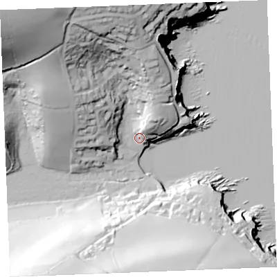 Shaded relief map of the ground around PL266PL, computed from Environment Agency LiDAR. The ground here sits at about 6 m above sea level and falls 80 m across the surrounding 800 m. Surface water reaching this point runs off ground lying to the north-east, 15.4 m higher.