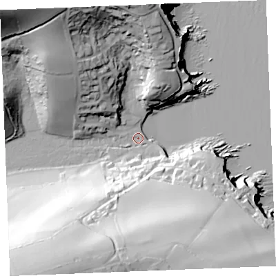 Shaded relief map of the ground around PL266PN, computed from Environment Agency LiDAR. The ground here sits at about 3 m above sea level and falls 85 m across the surrounding 800 m. Surface water reaching this point runs off ground lying to the south-south-west, 80.4 m higher.
