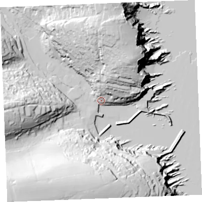 Shaded relief map of the ground around PL266QH, computed from Environment Agency LiDAR. The ground here sits at about 6 m above sea level and falls 81 m across the surrounding 800 m. Surface water reaching this point runs off ground lying to the north-north-east, 39.8 m higher.