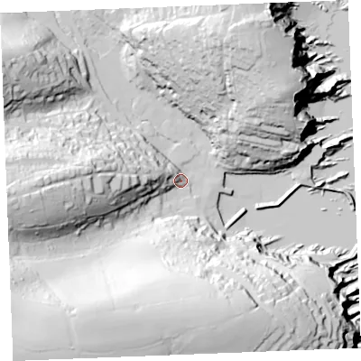 Shaded relief map of the ground around PL266RD, computed from Environment Agency LiDAR. The ground here sits at about 7 m above sea level and falls 87 m across the surrounding 800 m. Surface water reaching this point runs off ground lying to the south-west, 81.1 m higher.