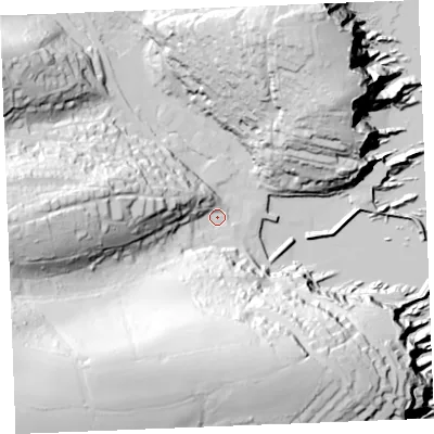 Shaded relief map of the ground around PL266RP, computed from Environment Agency LiDAR. The ground here sits at about 5 m above sea level and falls 87 m across the surrounding 800 m. Surface water reaching this point runs off ground lying to the south-west, 80.4 m higher.
