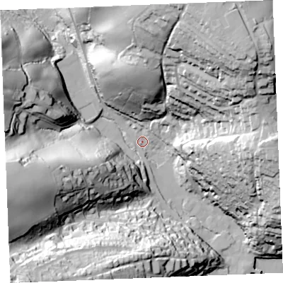 Shaded relief map of the ground around PL266RZ, computed from Environment Agency LiDAR. The ground here sits at about 6 m above sea level and falls 82 m across the surrounding 800 m. Surface water reaching this point runs off ground lying to the north-north-east, 73.2 m higher.