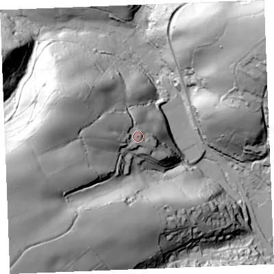 Shaded relief map of the ground around PL266SA, computed from Environment Agency LiDAR. The ground here sits at about 42 m above sea level and falls 88 m across the surrounding 800 m. Surface water reaching this point runs off ground lying to the west, 31.2 m higher.