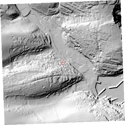 Shaded relief map of the ground around PL266SB, computed from Environment Agency LiDAR. The ground here sits at about 11 m above sea level and falls 87 m across the surrounding 800 m. Surface water reaching this point runs off ground lying to the south-west, 39.3 m higher.