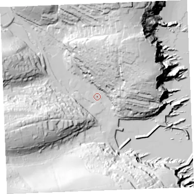 Shaded relief map of the ground around PL266SS, computed from Environment Agency LiDAR. The ground here sits at about 3 m above sea level and falls 76 m across the surrounding 800 m. Surface water reaching this point runs off ground lying to the north-north-east, 64.1 m higher.