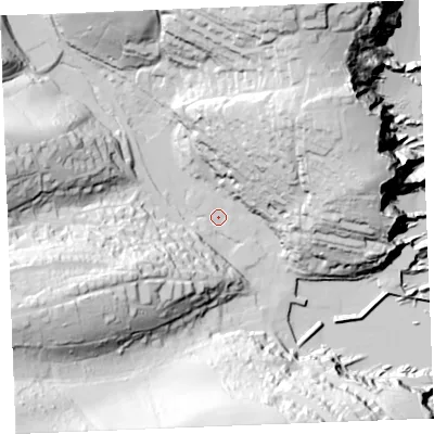 Shaded relief map of the ground around PL266ST, computed from Environment Agency LiDAR. The ground here sits at about 4 m above sea level and falls 77 m across the surrounding 800 m. Surface water reaching this point runs off ground lying to the north-north-east, 66.8 m higher.