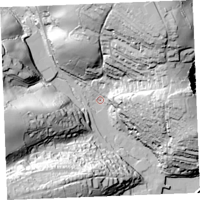 Shaded relief map of the ground around PL266SX, computed from Environment Agency LiDAR. The ground here sits at about 7 m above sea level and falls 82 m across the surrounding 800 m. Surface water reaching this point runs off ground lying to the north-east, 74.7 m higher.