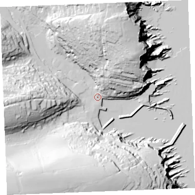Shaded relief map of the ground around PL266UA, computed from Environment Agency LiDAR. The ground here sits at about 3 m above sea level and falls 83 m across the surrounding 800 m. Surface water reaching this point runs off ground lying to the south-west, 77.4 m higher.