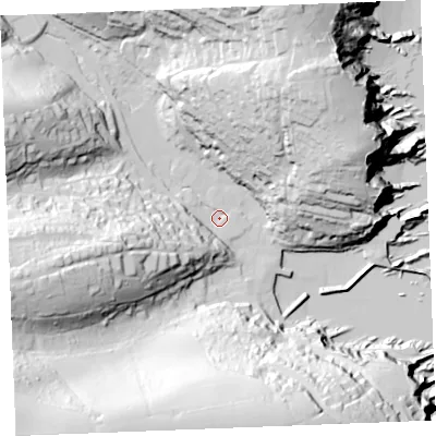 Shaded relief map of the ground around PL266UE, computed from Environment Agency LiDAR. The ground here sits at about 3 m above sea level and falls 81 m across the surrounding 800 m. Surface water reaching this point runs off ground lying to the west-south-west, 58.5 m higher.