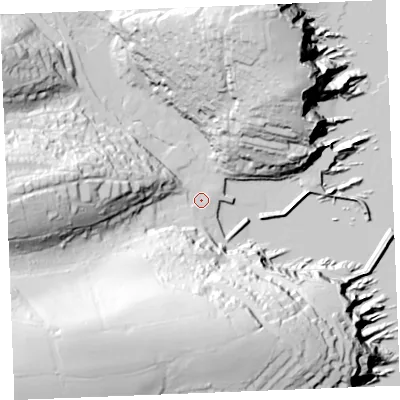 Shaded relief map of the ground around PL266UQ, computed from Environment Agency LiDAR. The ground here sits at about 4 m above sea level and falls 85 m across the surrounding 800 m. Surface water reaching this point runs off ground lying to the south-west, 78.6 m higher.