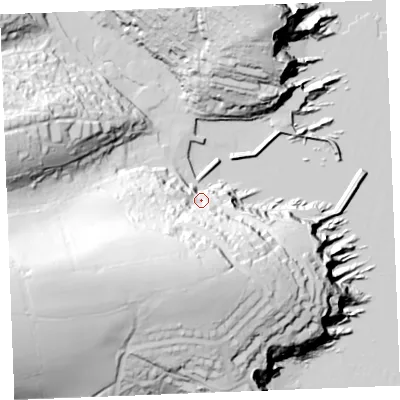 Shaded relief map of the ground around PL266UR, computed from Environment Agency LiDAR. The ground here sits at about 17 m above sea level and falls 82 m across the surrounding 800 m. Surface water reaching this point runs off ground lying to the south-west, 65.7 m higher.