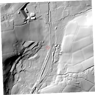 Shaded relief map of the ground around PL267AA, computed from Environment Agency LiDAR. The ground here sits at about 26 m above sea level and falls 51 m across the surrounding 800 m. Surface water reaching this point runs off ground lying to the west, 47.4 m higher.