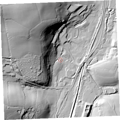 Shaded relief map of the ground around PL267AB, computed from Environment Agency LiDAR. The ground here sits at about 24 m above sea level and falls 68 m across the surrounding 800 m. Surface water reaching this point runs off ground lying to the north-west, 56.7 m higher.