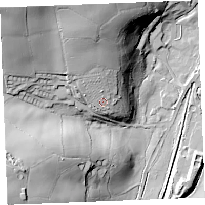 Shaded relief map of the ground around PL267AD, computed from Environment Agency LiDAR. The ground here sits at about 46 m above sea level and falls 70 m across the surrounding 800 m. Surface water reaching this point runs off ground lying to the north, 27.4 m higher.