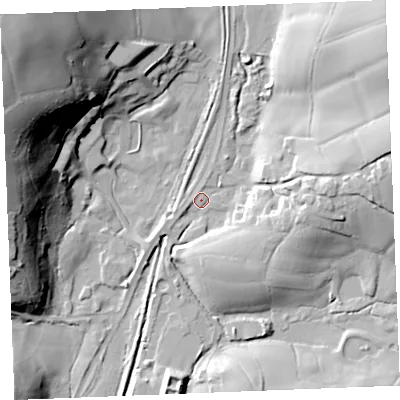 Shaded relief map of the ground around PL267AE, computed from Environment Agency LiDAR. The ground here sits at about 25 m above sea level and falls 57 m across the surrounding 800 m. Surface water reaching this point runs off ground lying to the north-east, 25.7 m higher.
