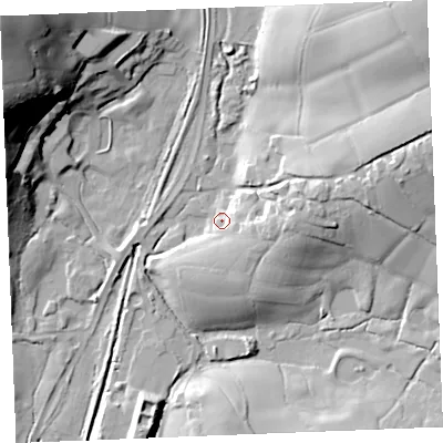 Shaded relief map of the ground around PL267AF, computed from Environment Agency LiDAR. The ground here sits at about 27 m above sea level and falls 48 m across the surrounding 800 m. Surface water reaching this point runs off ground lying to the east, 11.4 m higher.