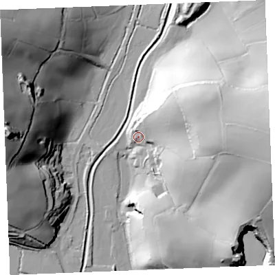 Shaded relief map of the ground around PL267AP, computed from Environment Agency LiDAR. The ground here sits at about 25 m above sea level and falls 62 m across the surrounding 800 m. Surface water reaching this point runs off ground lying to the north-east, 17.1 m higher.
