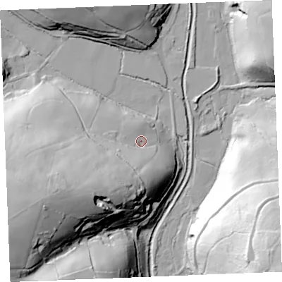 Shaded relief map of the ground around PL267AS, computed from Environment Agency LiDAR. The ground here sits at about 28 m above sea level and falls 74 m across the surrounding 800 m. Surface water reaching this point runs off ground lying to the south-west, 42.5 m higher.