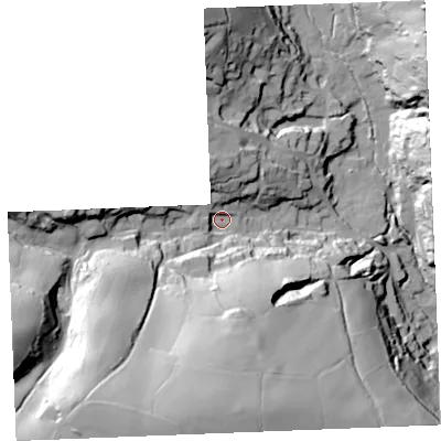 Shaded relief map of the ground around PL267BT, computed from Environment Agency LiDAR. The ground here sits at about 41 m above sea level and falls 72 m across the surrounding 800 m. Surface water reaching this point runs off ground lying to the south-south-west, 53.7 m higher.