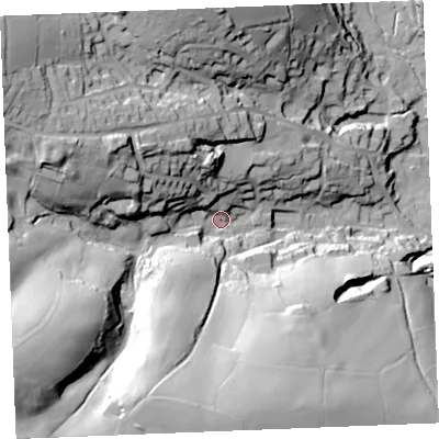 Shaded relief map of the ground around PL267BX, computed from Environment Agency LiDAR. The ground here sits at about 47 m above sea level and falls 70 m across the surrounding 800 m. Surface water reaching this point runs off ground lying to the south-west, 54.7 m higher.