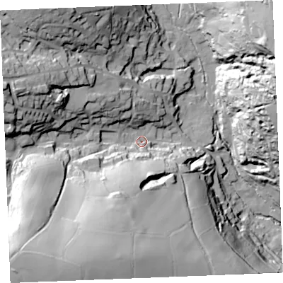 Shaded relief map of the ground around PL267BZ, computed from Environment Agency LiDAR. The ground here sits at about 39 m above sea level and falls 75 m across the surrounding 800 m. Surface water reaching this point runs off ground lying to the south-south-west, 57.9 m higher.