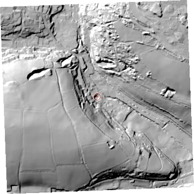 Shaded relief map of the ground around PL267DA, computed from Environment Agency LiDAR. The ground here sits at about 24 m above sea level and falls 87 m across the surrounding 800 m. Surface water reaching this point runs off ground lying to the west-south-west, 64.6 m higher.