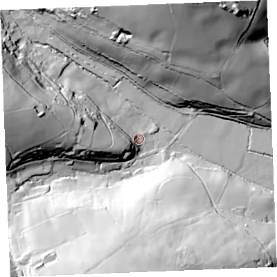 Shaded relief map of the ground around PL267DB, computed from Environment Agency LiDAR. The ground here sits at about 19 m above sea level and falls 70 m across the surrounding 800 m. Surface water reaching this point runs off ground lying to the south-west, 18.4 m higher.