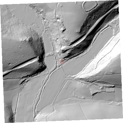 Shaded relief map of the ground around PL267FF, computed from Environment Agency LiDAR. The ground here sits at about 34 m above sea level and falls 73 m across the surrounding 800 m. Surface water reaching this point runs off ground lying to the north-east, 31.5 m higher.