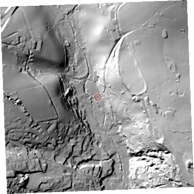 Shaded relief map of the ground around PL267FP, computed from Environment Agency LiDAR. The ground here sits at about 35 m above sea level and falls 72 m across the surrounding 800 m. Surface water reaching this point runs off ground lying to the east-north-east, 47.2 m higher.