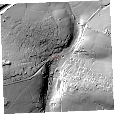 Shaded relief map of the ground around PL267HB, computed from Environment Agency LiDAR. The ground here sits at about 80 m above sea level and falls 45 m across the surrounding 800 m. Surface water reaching this point runs off ground lying to the north-west, 28.5 m higher.