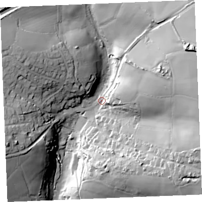 Shaded relief map of the ground around PL267HE, computed from Environment Agency LiDAR. The ground here sits at about 81 m above sea level and falls 55 m across the surrounding 800 m. Surface water reaching this point runs off ground lying to the east-north-east, 44.1 m higher.