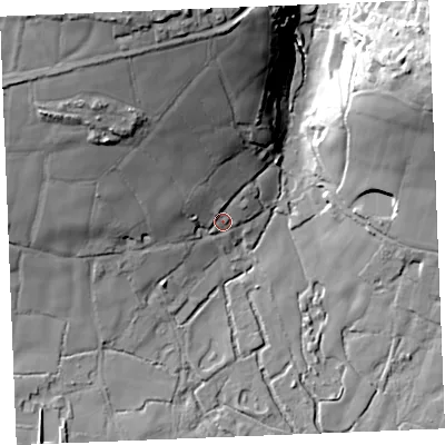 Shaded relief map of the ground around PL267JL, computed from Environment Agency LiDAR. The ground here sits at about 70 m above sea level and falls 49 m across the surrounding 800 m. Surface water reaching this point runs off ground lying to the north-north-west, 39.6 m higher.