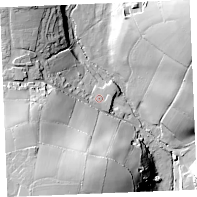 Shaded relief map of the ground around PL267LB, computed from Environment Agency LiDAR. The ground here sits at about 72 m above sea level and falls 57 m across the surrounding 800 m. Surface water reaching this point runs off ground lying to the west-south-west, 2.6 m higher.