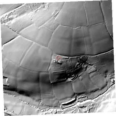 Shaded relief map of the ground around PL267LG, computed from Environment Agency LiDAR. The ground here sits at about 102 m above sea level and falls 68 m across the surrounding 800 m. Surface water reaching this point runs off ground lying to the north, 12.1 m higher.