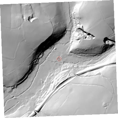 Shaded relief map of the ground around PL267LJ, computed from Environment Agency LiDAR. The ground here sits at about 47 m above sea level and falls 74 m across the surrounding 800 m. Surface water reaching this point runs off ground lying to the south-east, 68.0 m higher.